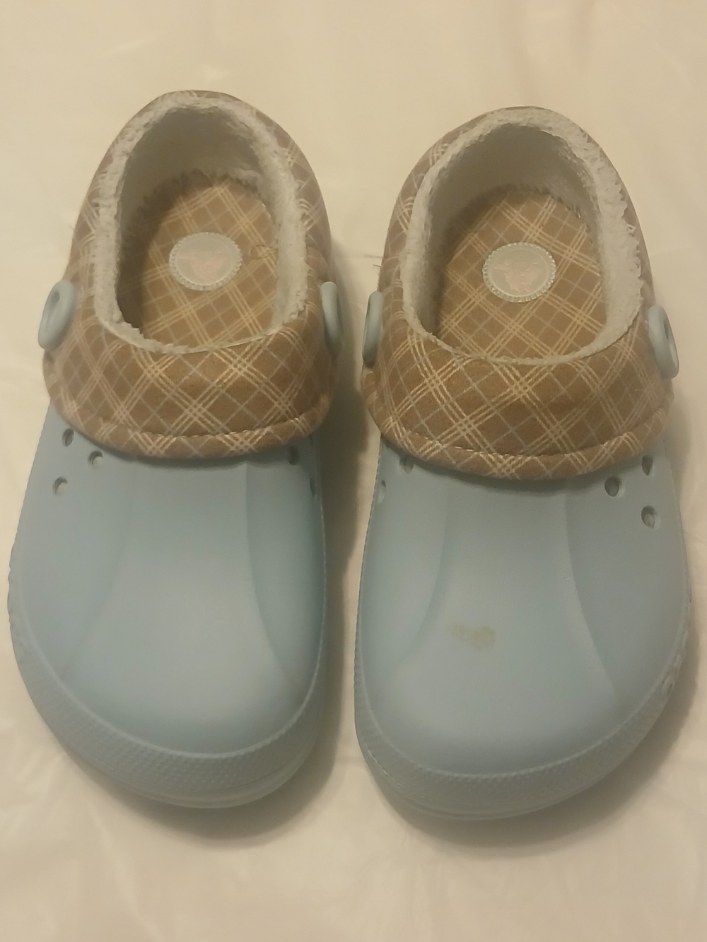 Crocs Women's Light Blue Slip-Ons with Plaid Collar